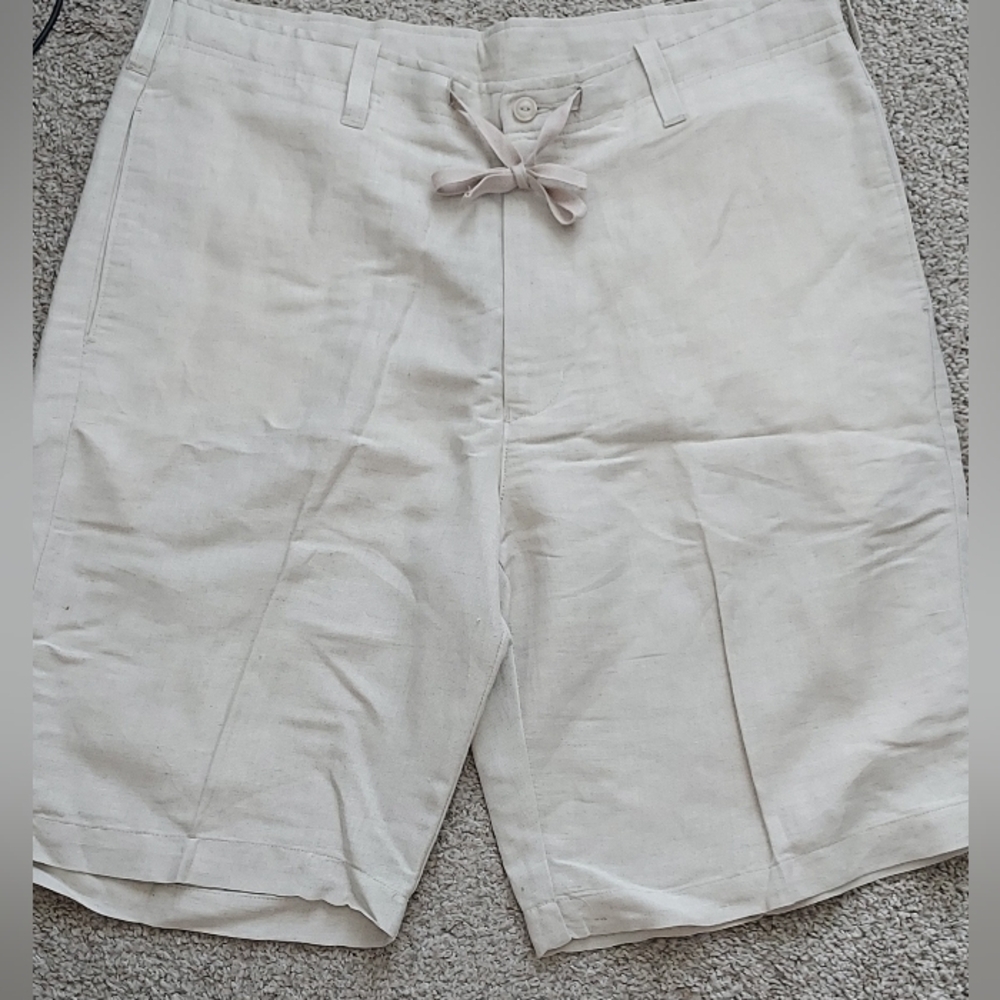 Cubavera Mens 36 Linen Blend Beige Flat Front Long Shorts Chinos Drawstring